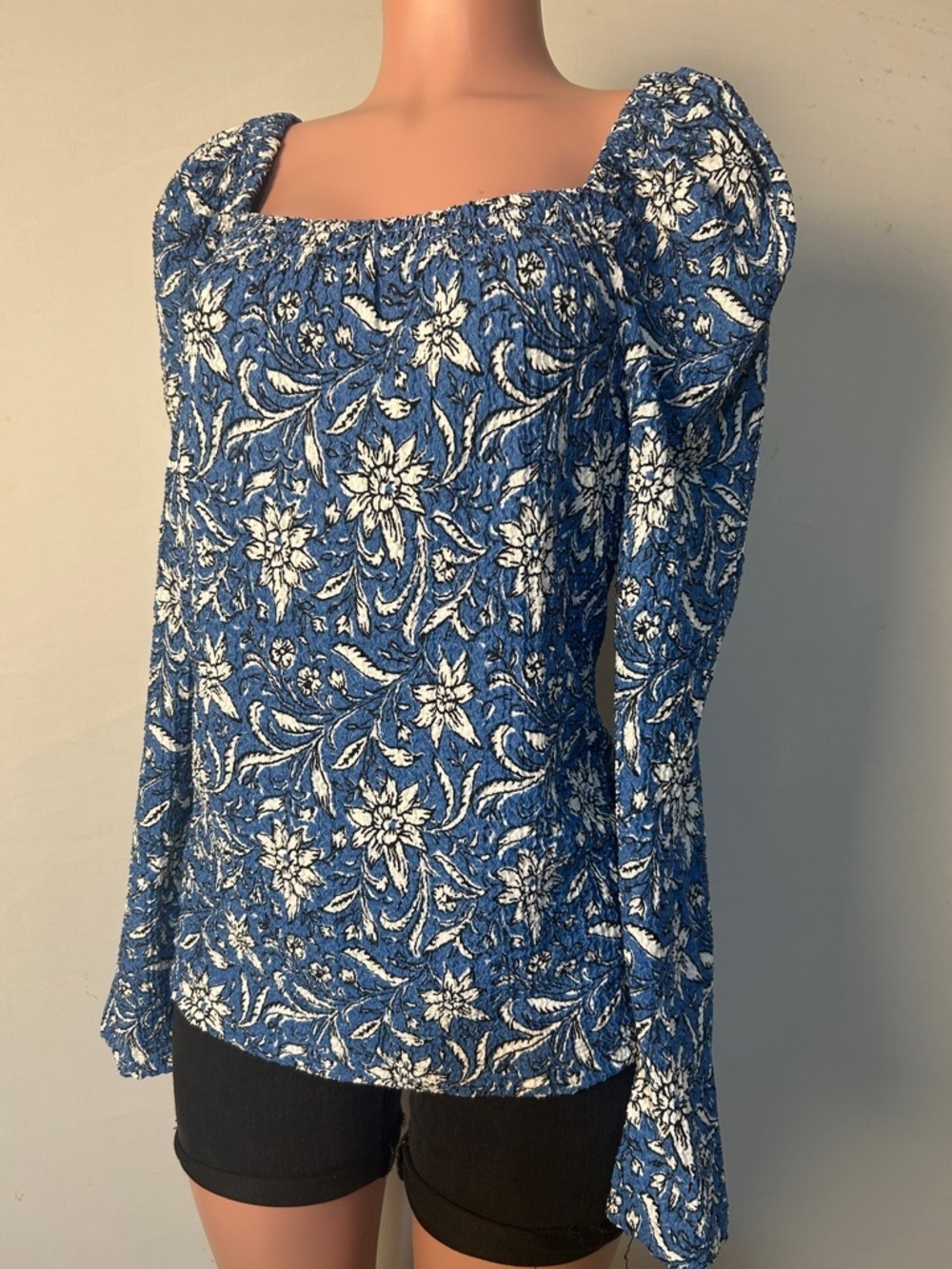 LOFT Women’s Floral Puff Long Sleeve Blouse Textured Top Square Neck Size L NWT